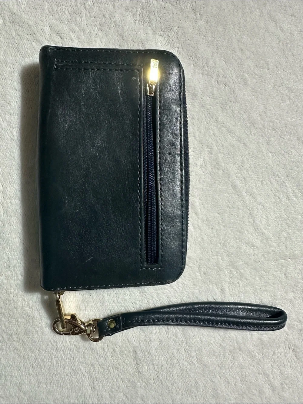 Fossil Navy Blue Leather Zip Around Wristlet Wallet Organizer Clutch Gold Hardwr